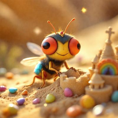 The primary subject of the image is a small, colorful, and cute bee. The bee is standing on a sandy surface, which is the setting for the scene. The visual style of the image is a combination of photo and digital art, creating a unique and eye-catching appearance. The colors and mood of the image are vibrant and cheerful, with the bee's bright colors and the sandy surface creating a warm and inviting atmosphere.